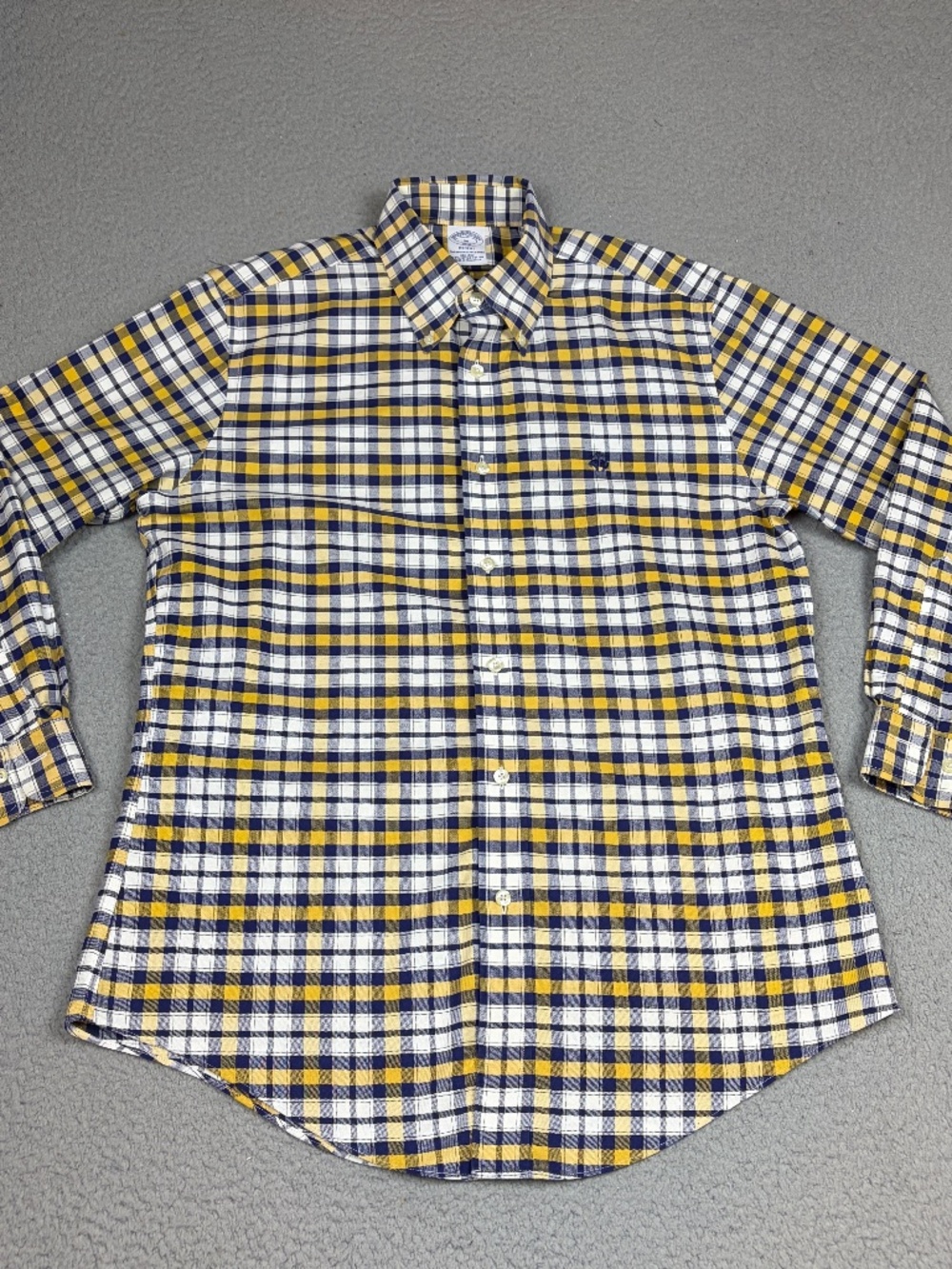 Brooks Brothers Shirt Mens Medium Blue Yellow Plaid Regent Cut Cotton Casual